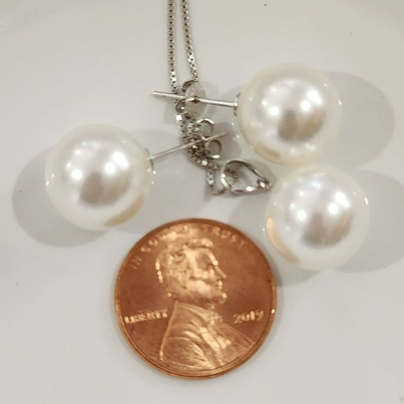 925 Sterling Silver 12mm White Shell Pearl Pendant Necklace And Earrings Set NEW - Picture 12 of 16